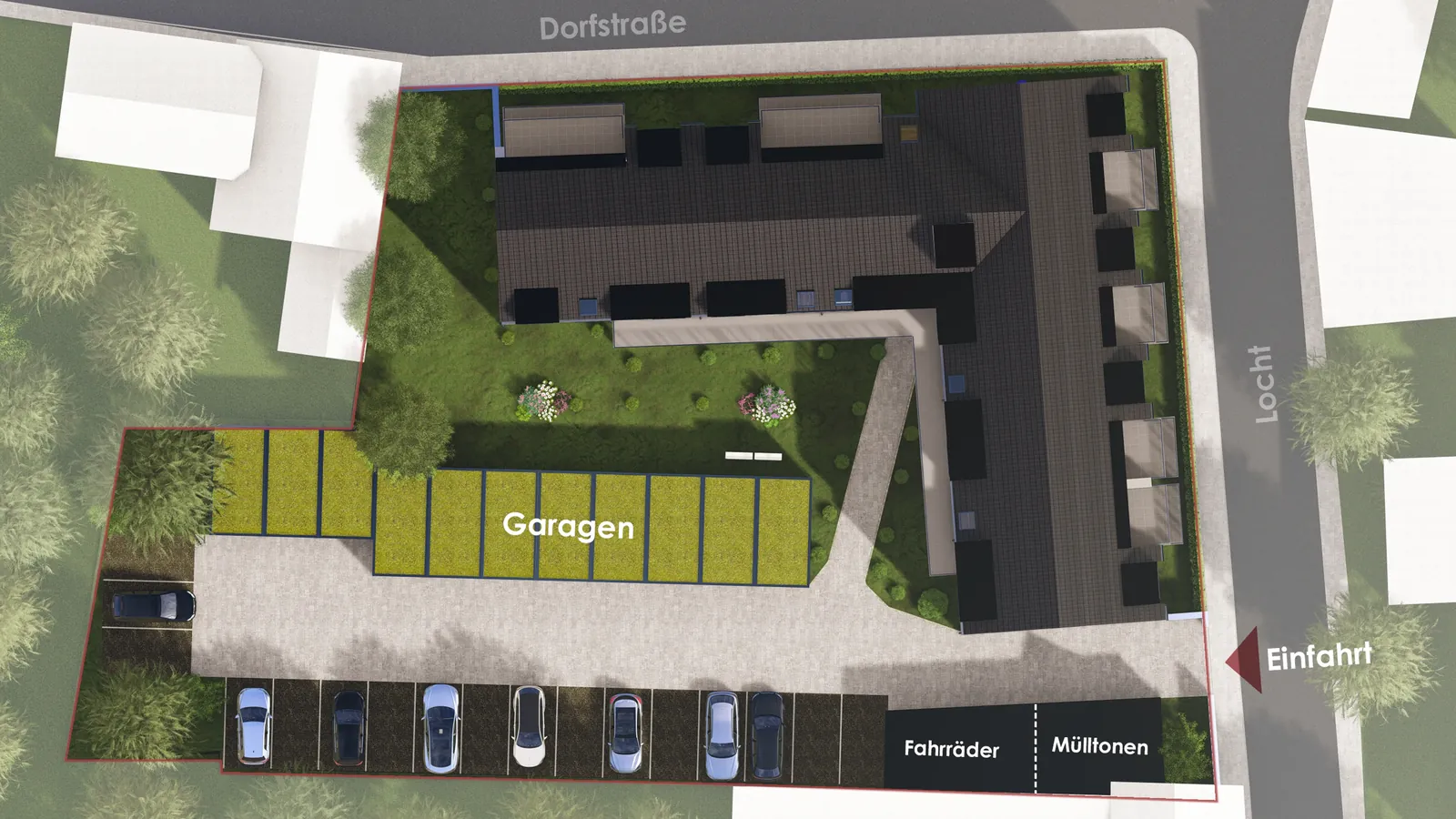 3D-Lageplan Wefers Hof mit Garagen, Stellplätzen und Einfahrt
