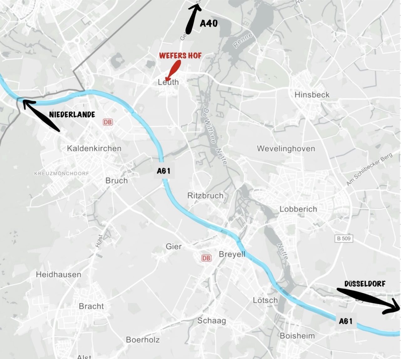 Lageplan Nettetal-Leuth mit Wefers Hof, A40, A61 und Verbindung zu den Niederlanden